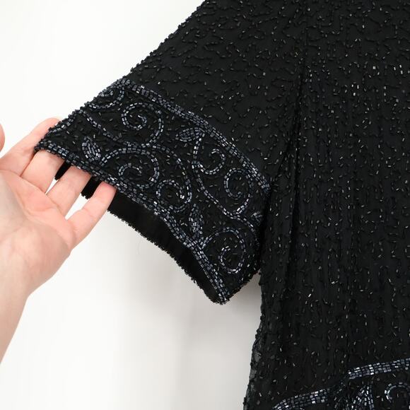Vtg Black Silk Beaded Evening Dress Art Deco Formal Event‎ Holiday Plus Size 2X - Picture 10 of 16